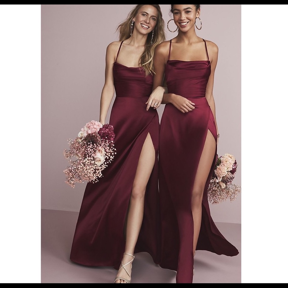 Shiny Charmeuse Cowl Neck Slip Dress with Slit Burgundy 10 & 12 NWT Bridesmaid